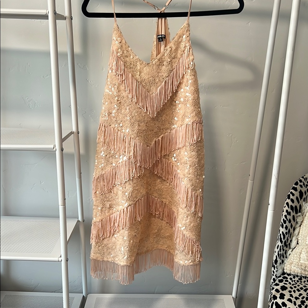 Gianni Bini Sequin Fringe Dress in Beige and Blush